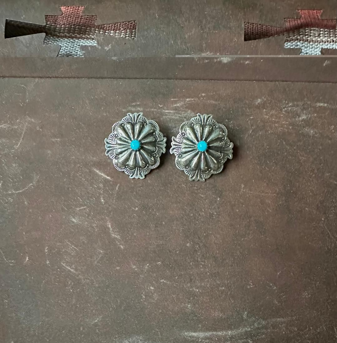 Silver and Turquoise Concho Stud Earrings