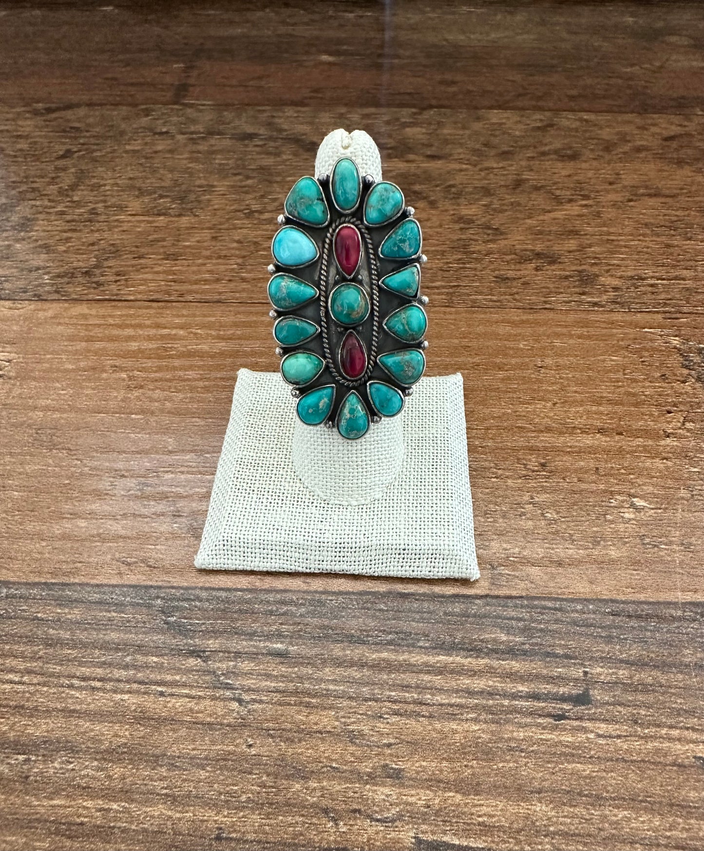 Rose Dahlia and Turquoise Adjustable Cluster Ring